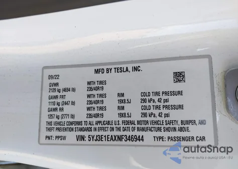 2022 Tesla Model 3 Rear-Wheel Drive from USA, damaged, VIN 5YJ3E1EAXNF346944